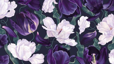 Illustration for Realistic vector tulips desktop wallpaper for computers, laptops, tablets. Highly detailed dark purple and white spring flowers with leaves, petals for your design, posters and social media banners - Royalty Free Image