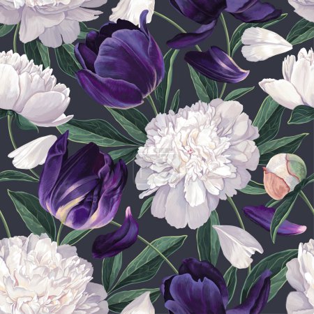 Illustration for Seamless botanical pattern with white peonies and dark purple tulips on dark background. Realistic hand-drawn vector flowers. Template for textiles, surface design, wallpaper, clothing prints, cards - Royalty Free Image