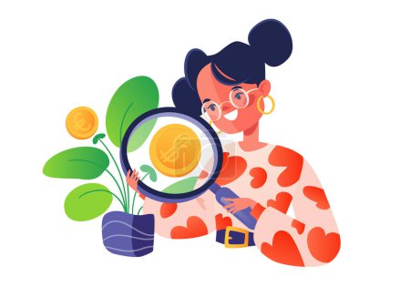 Illustration for Concept of career, salary, earning profits, growth, increasing, profitable investment of money. Freelancing or working from home. Metaphor, Cute , Young Woman flat cartoon character grows money tree. - Royalty Free Image
