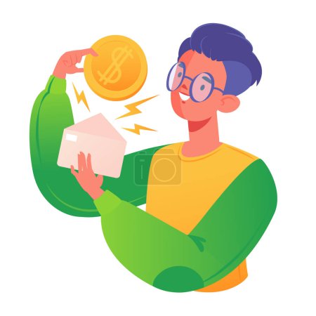 Illustration for Young man received his salary, money transfer metaphora, holding an envelope and shiny gold coin with dollar symbol. Business and finance theme. Concept of career, salary, earning profits, increasing. - Royalty Free Image