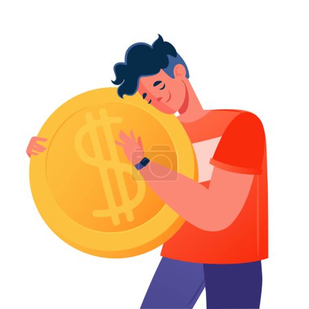 Illustration for Happy, smiling young man flat cartoon character is hugging gold coin with dollar symbol. Business and finance theme. Concept of career, earning profits, growth, increasing, profitable investment. - Royalty Free Image
