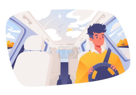 Vector illustration with young man behind wheel traveling on highways and country roads in his car. Car interior, cars inside. Elements of interior - passenger seats, steering wheel. 