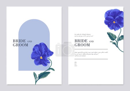 Illustration for Two postcard templates, wedding invitations with pansy flowers. Dark Blue Viola in realistic hand drawn style in templates for posters, flyers, advertisements, gift cards. Place for text. - Royalty Free Image