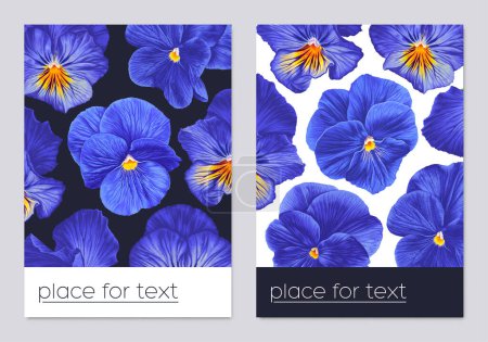 Illustration for Two card templates, with blue Pansy  on dark and white background. Realistic flowers in template with place for text. Advertising invitations flyers, banners, posts, backgrounds for social network - Royalty Free Image