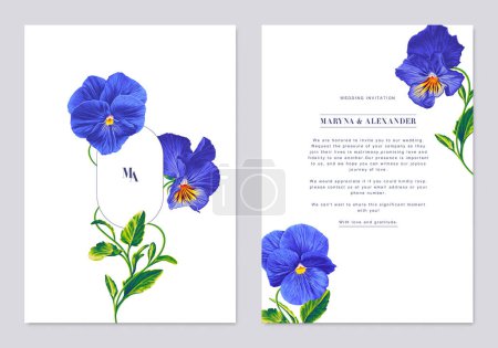 Illustration for Floral wedding invitation template design, Save the Date, Invitation Navy Card Collection with dark blue flower Pansies. Vector fashion cover, graphic poster, geometric floral brochure design template - Royalty Free Image