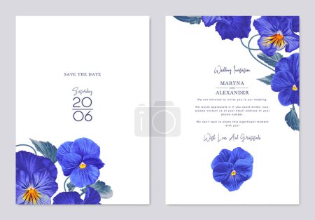 Illustration for Two templates for greeting cards, wedding invitations, save the date, poster or banner for social media ads with realistic blue Viola flowers, Pansies. Minimalistic botanical design for your products - Royalty Free Image