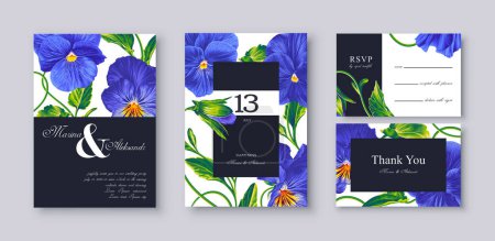 Illustration for Holiday greeting card floral vector illustration. Greeting template with realistic blue Pansy flowers, gorgeous floral background, modern design for your flyers, postcards, advertising banners - Royalty Free Image