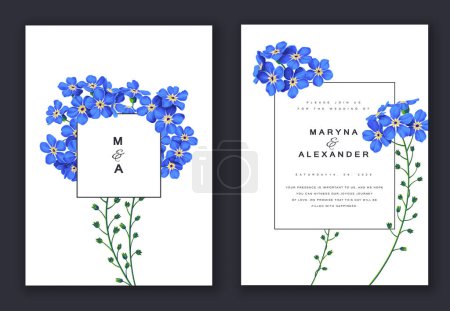Vector template advertising, postcards, social media banners set of flowers forget-me-nots. Realistic, hand drawn, detailed floral elements in Save the Date's floral design wedding invitation template