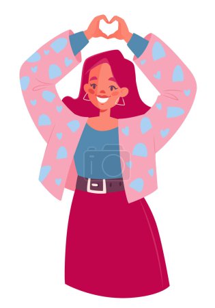 Illustration for Sympathy, love, approval sign, friendly and welcoming gesture. Girl expresses love with her hands, making a heart-shaped gesture with her fingers. Smiling young woman with gesture of appreciation, - Royalty Free Image