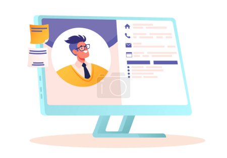 Illustration for A computer monitor with a picture of a smiling young man and his resume or profile. A profile on dating sites or social networks.  Business profile, career blog, posters of courses aimed at profession - Royalty Free Image
