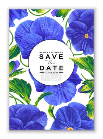 Illustration for Botanical floral design postcard template template, wedding invitation, save the date. Realistic, hand drawn Blue Pansies with green leaves on light colored background. Template to design your product - Royalty Free Image