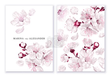 Vorlagen für minimalistische Karten, Hochzeitseinladungen, Flyer mit Frühlingsfloristik. Weiße und rosa Sakura-Blüten auf hellem Hintergrund. Realistische, handgezeichnete Vektorblumen, hohe Detaillierung