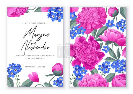 Illustration for Templates for wedding invitations, rsvp, save the date, as well as advertising, social media posts, and product design. Botanical floral design with pink peonies and blue forget-me-nots - Royalty Free Image