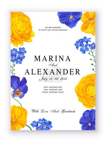 Illustration for Bright wedding invitation design with realistic flowers of ranunculus, viola and forget-me-not. Floral templates frame and background for your product design, gift cards, covers, social media posts - Royalty Free Image