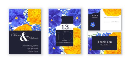 Illustration for Botanical wedding invitation card. Template featuring realistic flowers of Ranunculus, Pansy, Viola and Forget-me-nots in yellow and blue colors. Collection of wedding invitations in vector EPS format - Royalty Free Image