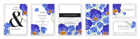 Illustration for Floral design of wedding invitation template, blue forget-me-not flowers and yellow blue pansies eyes, viola. Template design with very detailed, vector, realistic, spring flowers. Save the Date - Royalty Free Image