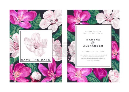 Botanical wedding invitation. Design template with white and pink flowers of fruit trees. Spring flowers, apricot, sakura, cherry, apple or pear. Vector, realistic style, high detail. 