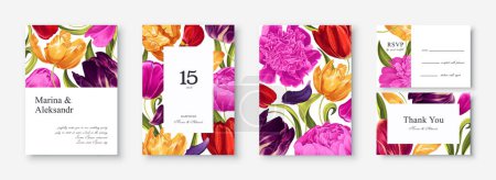 Illustration for Spring, trendy, greeting or invitation design template with tulips and peonies leaves. Green leaves and colorful flowers in realistic style with high detail. Set of poster, postcard, brochure, cover. - Royalty Free Image