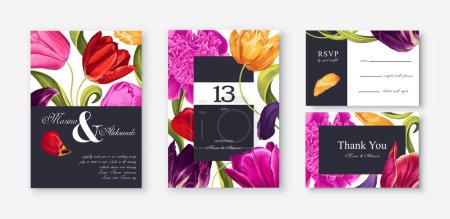 Illustration for Spring, vector postcard set Save The Date, poster, template for banner ads, place for text, social media posts. Greeting or invitation card design with flowers of colorful tulips and pink peonies. - Royalty Free Image