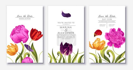 Illustration for Spring trendy greeting or invitation design template with tulip and peony flowers, leaves and petals in high detail realistic style. Hand drawn, vector set of poster, flyer, brochure, cover, party - Royalty Free Image