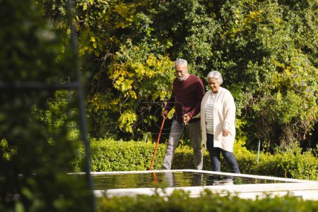 Happy senior biracial couple holding hands and walking with cane in garden at home. Senior lifestyle, retirement, nature and domestic life, unaltered.
