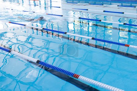 Schwimmerin in Aktion bei einem Wettkampf im Pool, mit Kopierraum. Klares blaues Wasser und Fahrbahnteiler sorgen für sportliche Höchstleistungen.