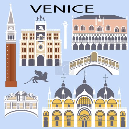 Illustration for Set of the Venetian landmarks in flat color style - Royalty Free Image