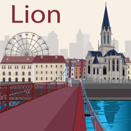 Illustration for Pedestrian Saint Georges footbridge and the Saint Georges church in Lyon, France - Royalty Free Image