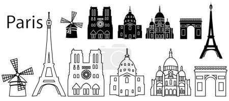 Set of the Parisian landmarks in black and white color