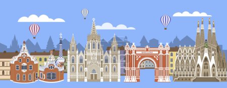 Illustration for Set of the Barcelona landmarks in flat color style - Royalty Free Image