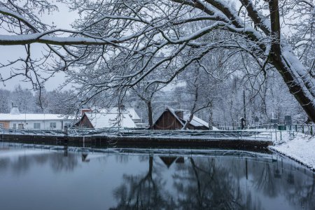 Foto de Polonia, Gdansk, Oliwa - 16 de diciembre de 2018: Vista del nevado valle de la alegría. Un estanque junto al histórico Old Mill. - Imagen libre de derechos