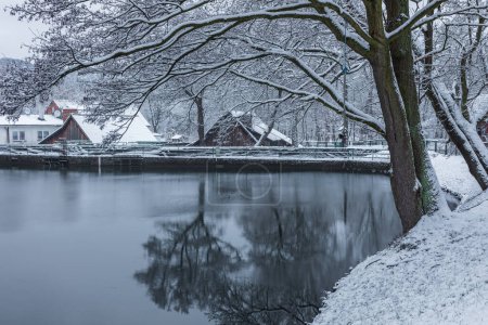 Foto de Polonia, Gdansk, Oliwa - 16 de diciembre de 2018: Vista del nevado valle de la alegría. Un estanque junto al histórico Old Mill. - Imagen libre de derechos