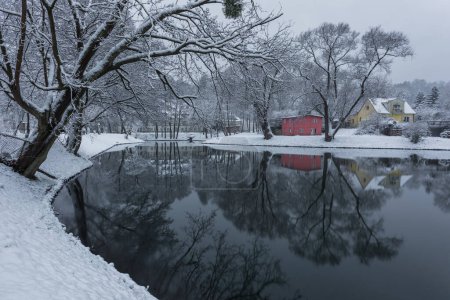Foto de Vista del nevado Valle de la Alegría. Un estanque junto al histórico Old Mill. Gdansk, Polonia. - Imagen libre de derechos