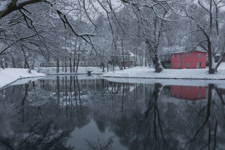 Foto de Vista del nevado Valle de la Alegría. Un estanque junto al histórico Old Mill. Gdansk, Polonia. - Imagen libre de derechos