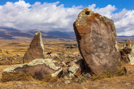 View of the Carahunge, prehistoric archaeological site near the town of Sisian, Armenia. Armenian Stonehenge.
