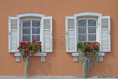 Téléchargez les photos : Fenêtre sur bâtiment historique avec vitrage voûté et décoration florale - en image libre de droit