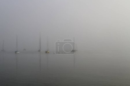 Téléchargez les photos : Quelques voiliers dans le contre-jour sur le lac Ammersee dans la brume du matin - en image libre de droit