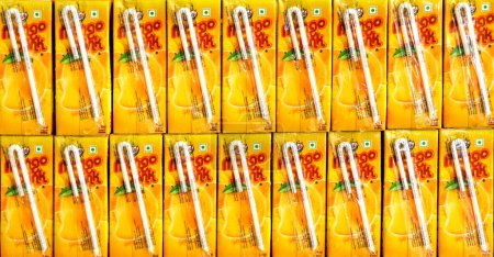 Photo for New Delhi, India, December 2 2021: Full frame of mango juice boxes for sale at a grocery store in India - Royalty Free Image