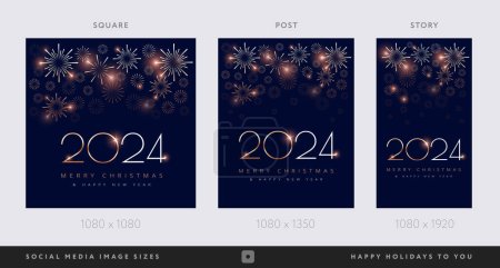 2024 Feliz Año Nuevo Feliz Navidad fondos de medios sociales de diseño con fuegos artificiales - historias, cuadrado, retrato alimentación post personalizado tamaños de diseño - vector 