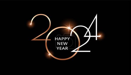 Téléchargez les illustrations : 2024 Happy New Year fond or et noir - élégant design d'entreprise minime - vecteur - en licence libre de droit