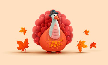 Illustration for Thanksgiving day turkey background - 3d cute thanksgiving turkey in pilgrim hat and orange autumn leaves - horizontal vector illustration for banner, poster, social media - Royalty Free Image