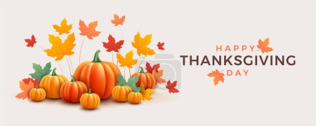 Illustration for Happy Thanksgiving Day banner with pumpkins and autumn leaves - horizontal vector background - Royalty Free Image