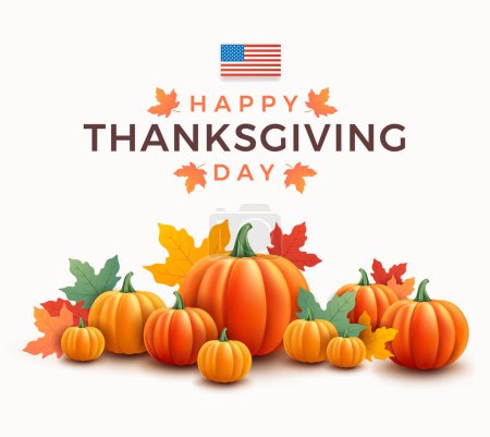 Illustration for Thanksgiving day banner. Beautiful background with realistic 3d orange pumpkins, USA flag, autumn leaves. Great for Thanksgiving holiday poster, social media post graphic - vector illustration - Royalty Free Image