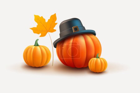 Illustration for Thanksgiving illustration - Pumpkin in a pilgrim hat. Orange pumpkins and autumn leaf isolated on white background - vector design - Royalty Free Image
