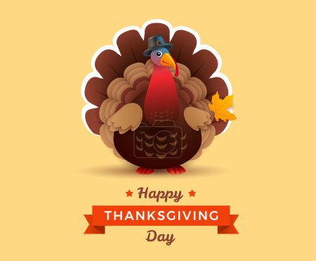 Illustration for Happy Thanksgiving Day design with Cartoon Turkey and Thanksgiving Day lettering - yellow background - Royalty Free Image