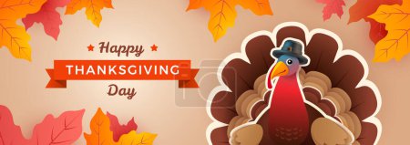 Illustration for Happy Thanksgiving Day turkey banner with Thanksgiving turkey, fall foliage leaves, and Happy Thanksgiving Day lettering. Vector illustration - Royalty Free Image