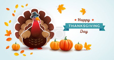 Illustration for Happy Thanksgiving Day banner with Thanksgiving turkey, pumpkins, autumn leaves - blue background vector illustration - Royalty Free Image