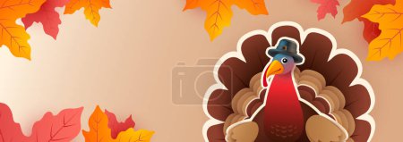 Téléchargez les illustrations : Bannière du jour de Thanksgiving avec style de dessin animé de dinde de Thanksgiving et feuillage d'automne - fond horizontal pas de texte blanc - en licence libre de droit