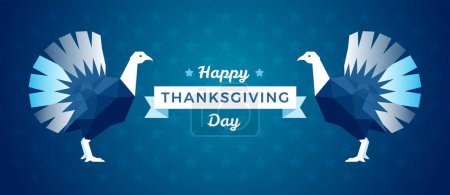 Illustration for Happy Thanksgiving Day banner with turkey bird and creative lettering - trendy minimal style - blue color vector background - Royalty Free Image