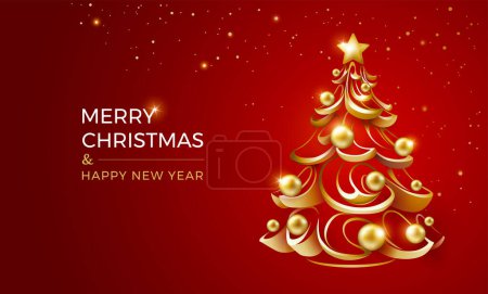 Ilustración de Feliz Año Nuevo. Árbol de Navidad dorado con decoración de estrellas y bolas doradas con nieve sobre fondo rojo, estilo moderno y moderno. Decoraciones de Navidad. Ilustración vectorial - Imagen libre de derechos